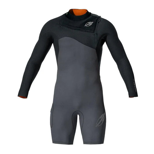 Short john Mormaii Manga Longa Chestzip 1mm Flexxxa Pro Surf Cinza Escuro/Preto
